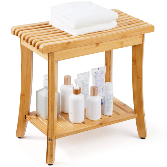 SucceBuy Bamboo Shower Bench With Storage Shelf Waterproof