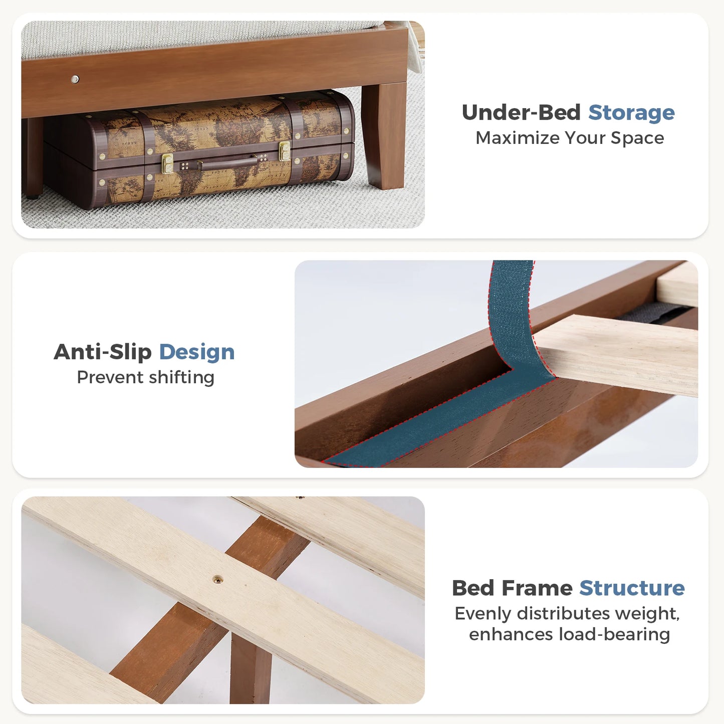 MCQ Solid Wood Platform Bed Frame With Headboard Support
