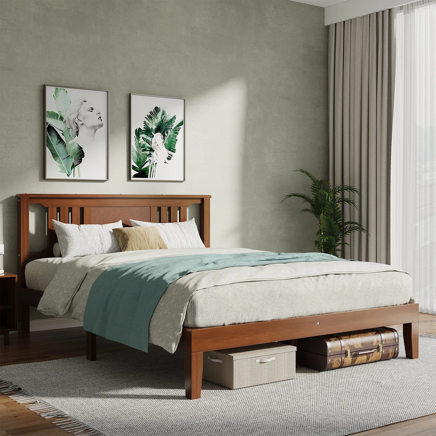MCQ Solid Wood Platform Bed Frame With Headboard Support
