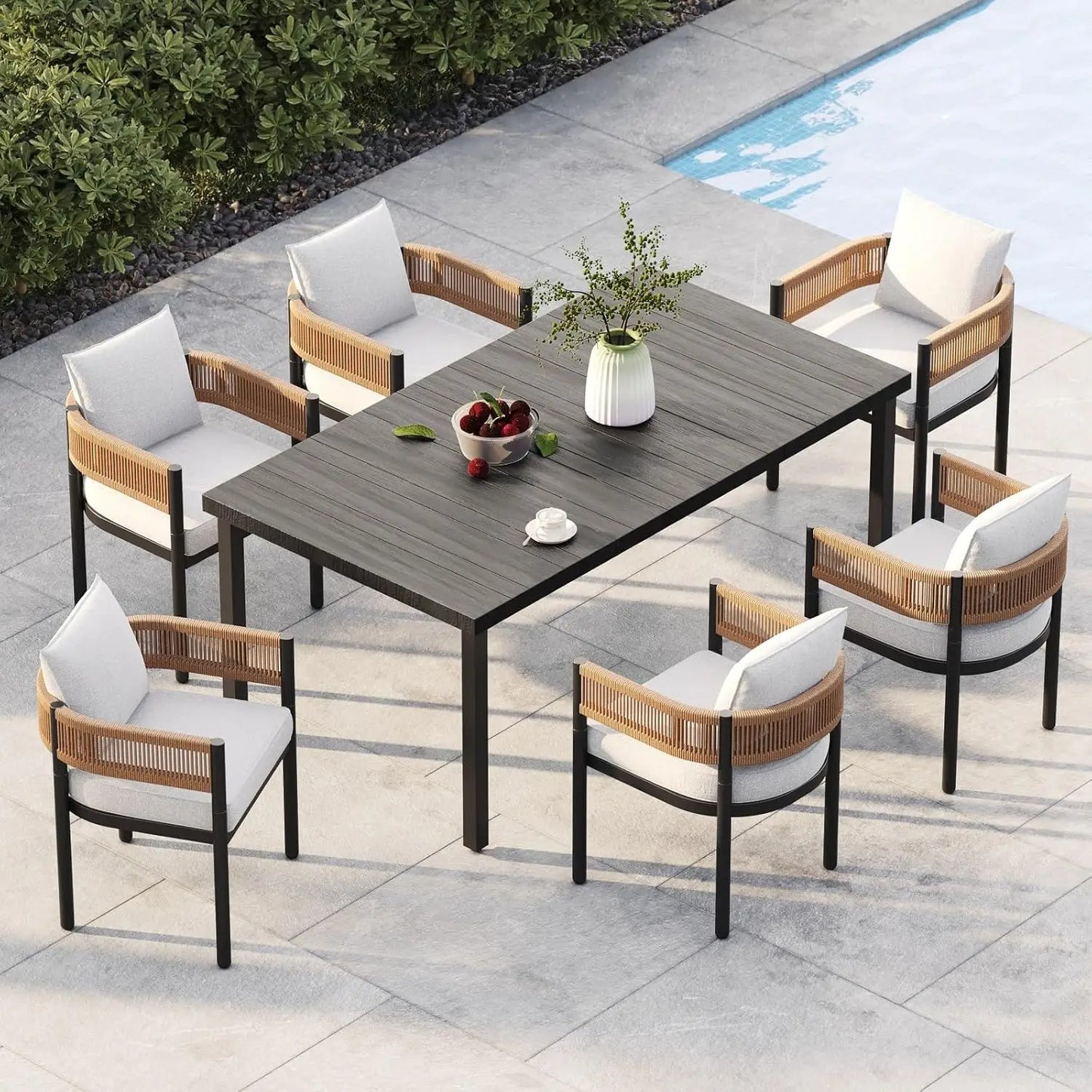 Outdoor Dining Set for Patio Table and Woven Metal Chairs