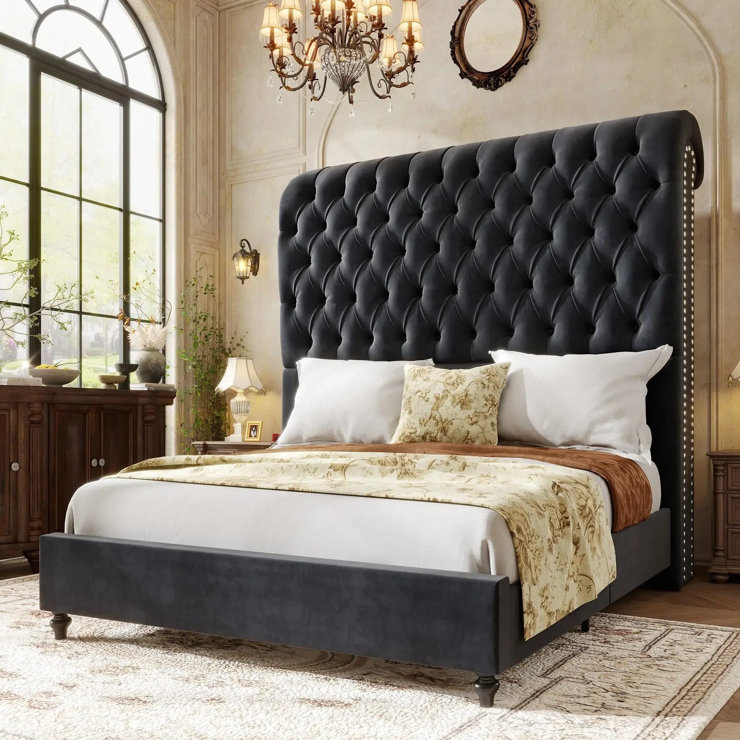 Jocisland King Bed Frame With 59 Inch Velvet Tufted Headboard