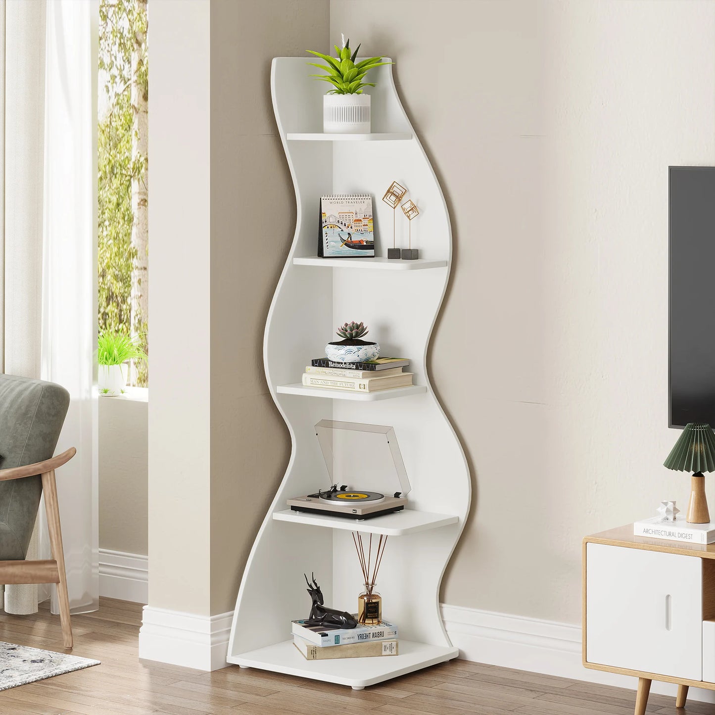 Tribesigns Corner Shelf Five Tier Wall Bookcase For Home Office