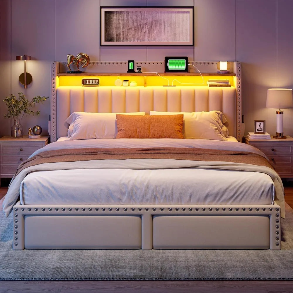 Upholstered Platform Bed With Storage Drawers LED Lights Charging Station