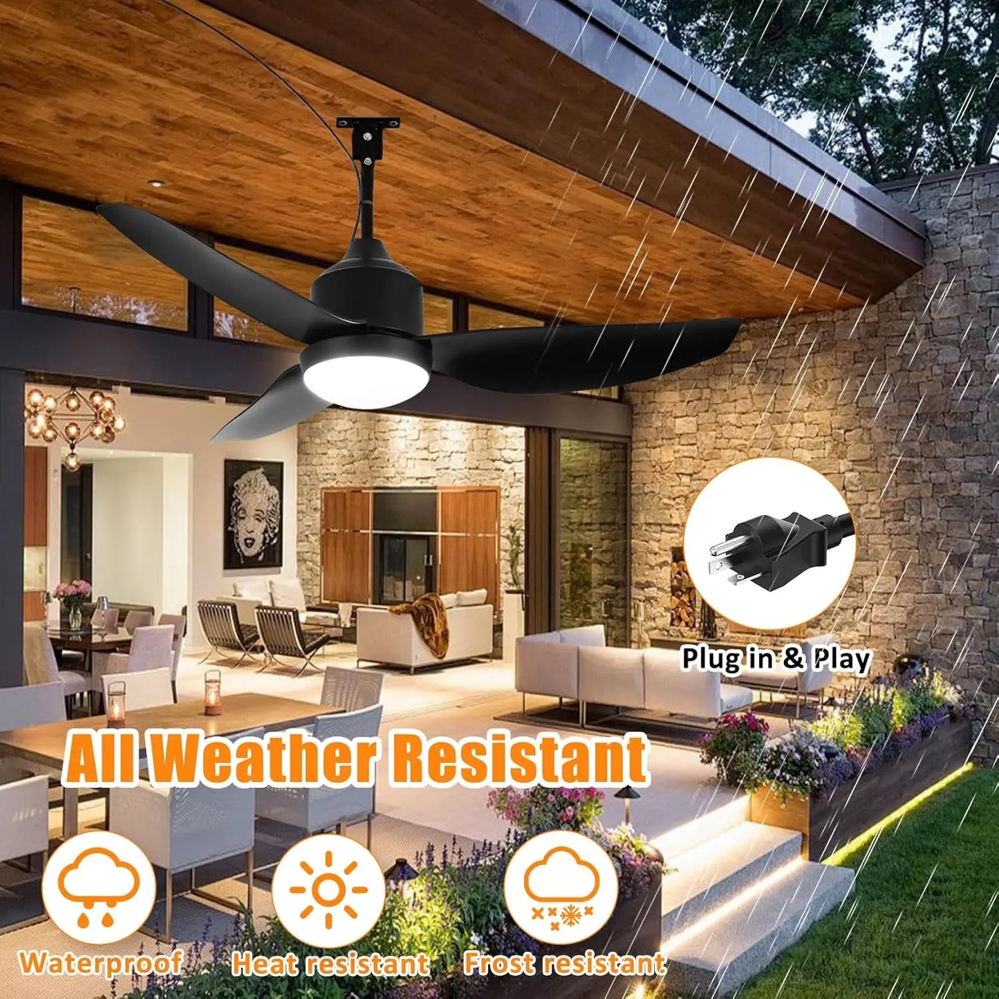 Outdoor Ceiling Fan With Light, Remote App Control