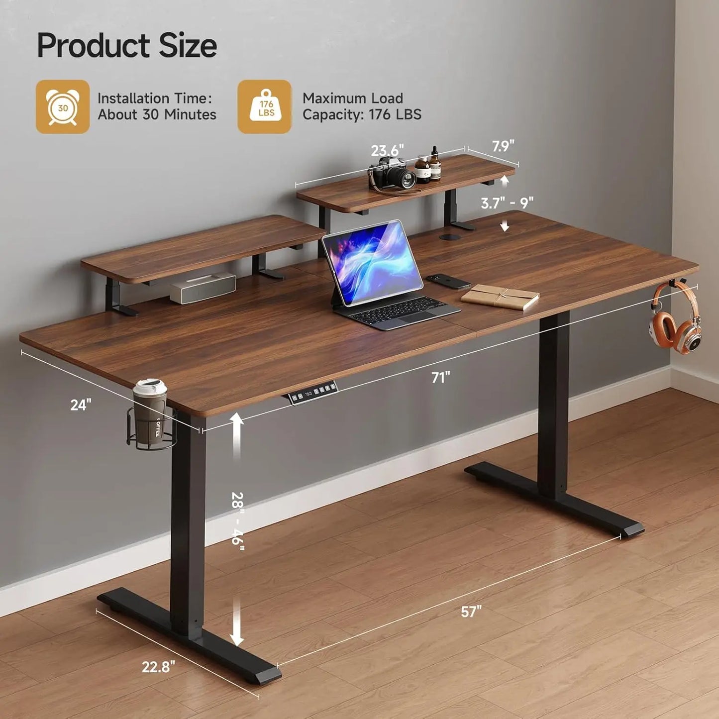 ONBRILL Standing Desk With Adjustable Monitor Shelves And Memory Controller
