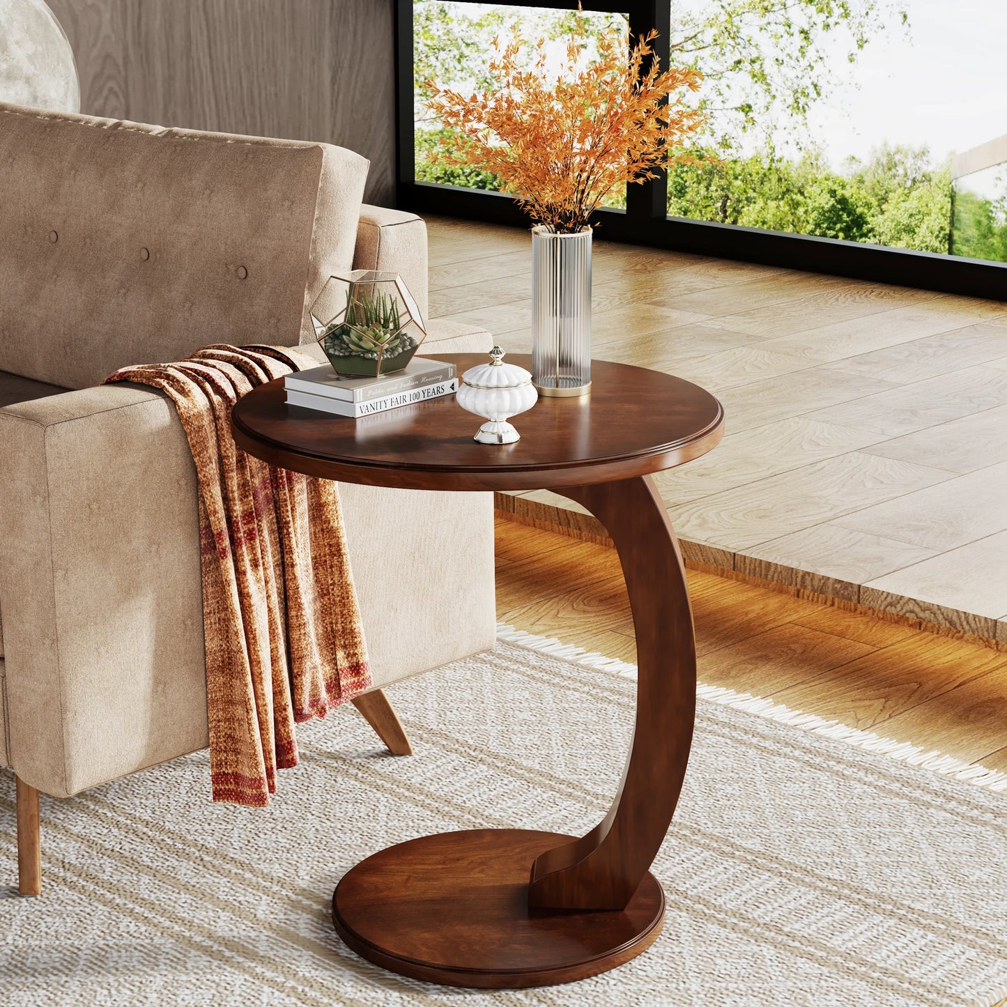 Tribesigns Round Wood C Shaped End Table Mid Century