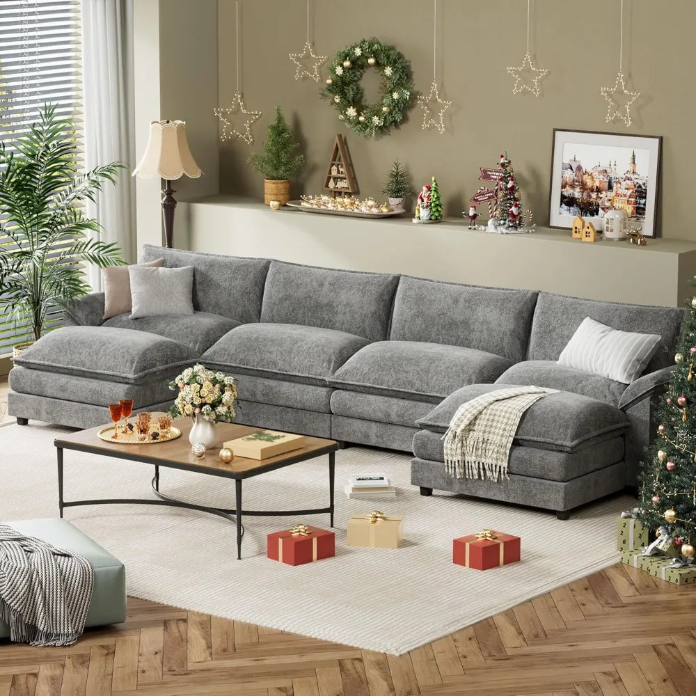 U Shaped Sectional Sofa In Chenille With Removable Ottoman Sleeper