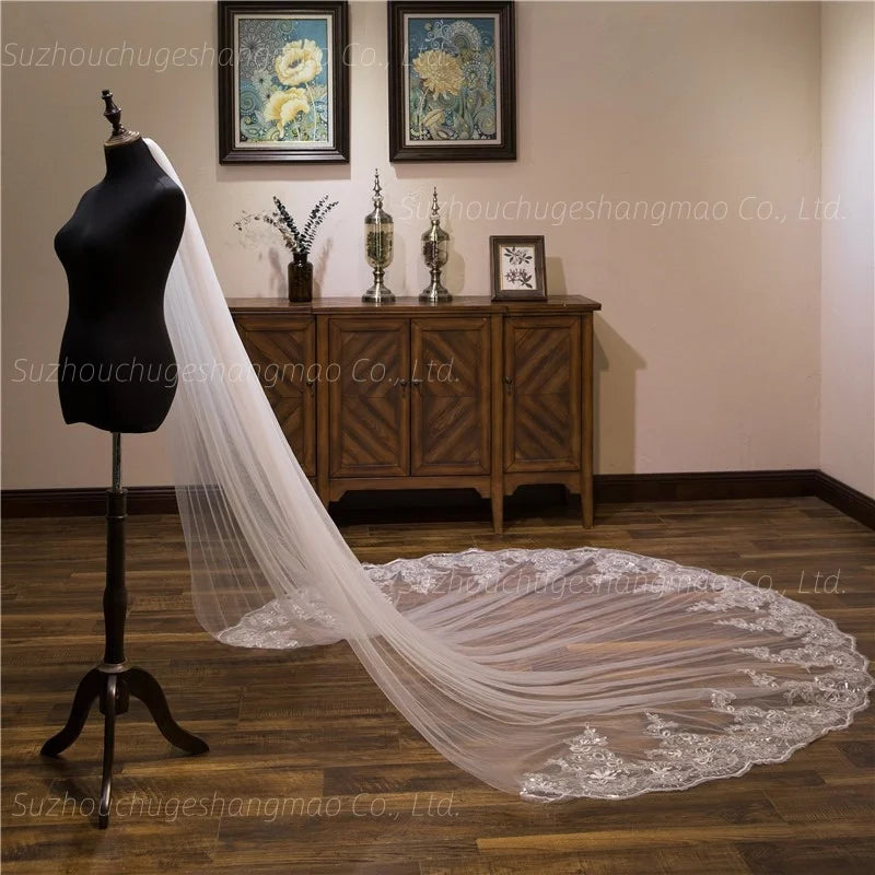 Luxury Cathedral Bridal Wedding Veil With Soft Lace Appliques Edge