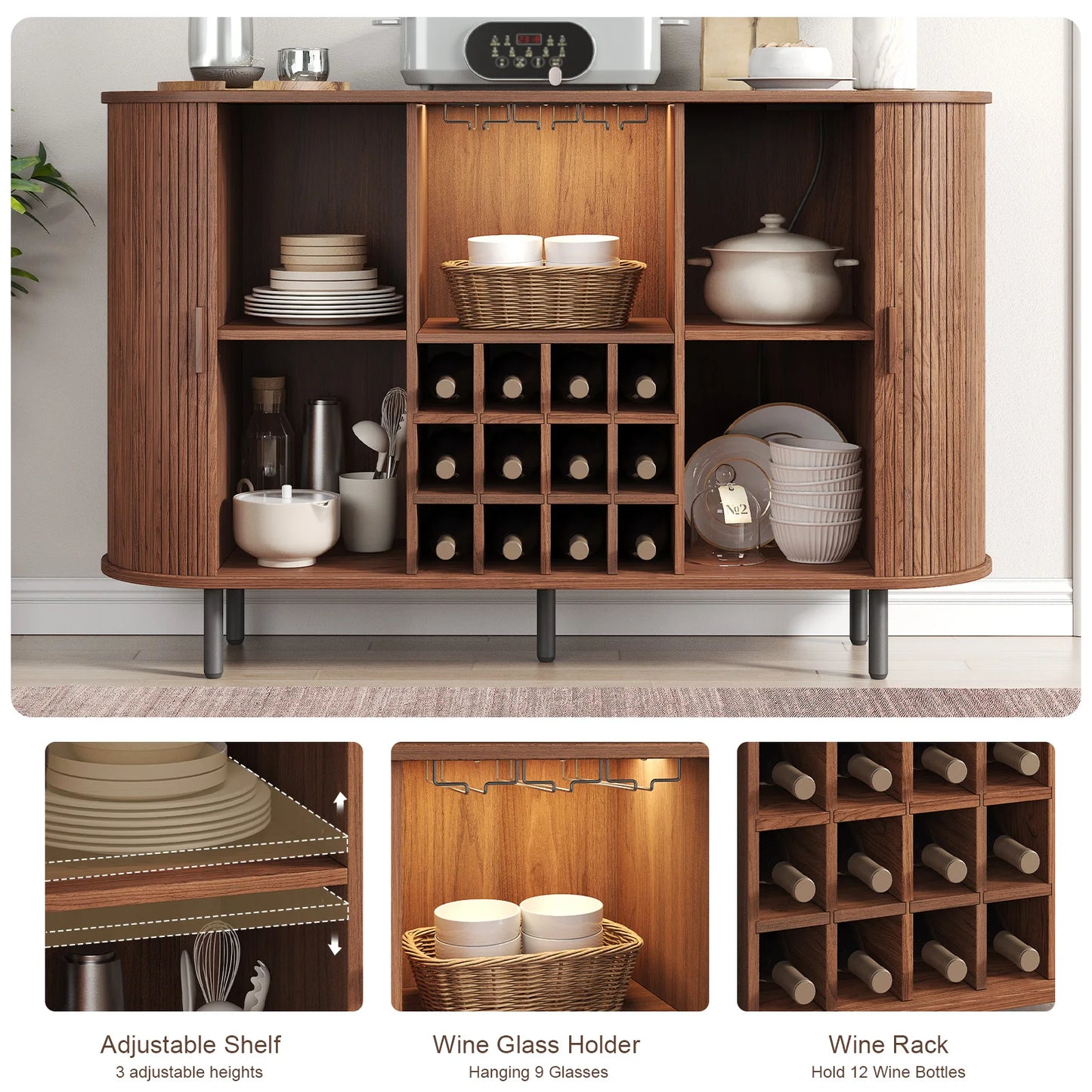 Wine Bar Cabinet With LED Lighting And Glass Holder