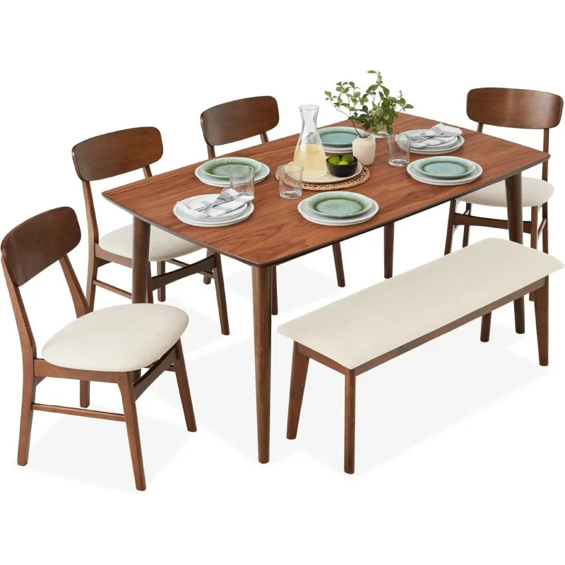 Mid Modern Wooden Dining Table With Upholstered Chairs Rubberwood Set