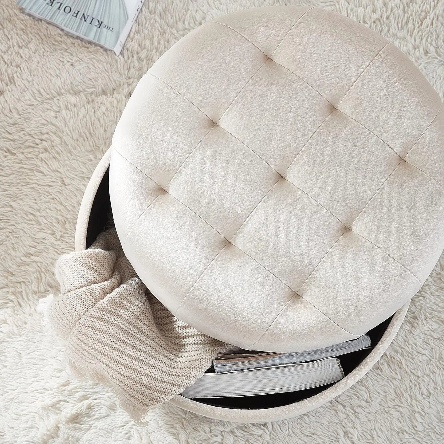 Round Velvet Tufted Storage Ottoman With Lift Off Lid