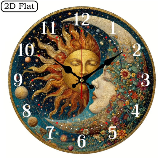 YTYIN Wooden Wall Clock Vintage Sun Moon Silent Quartz Design