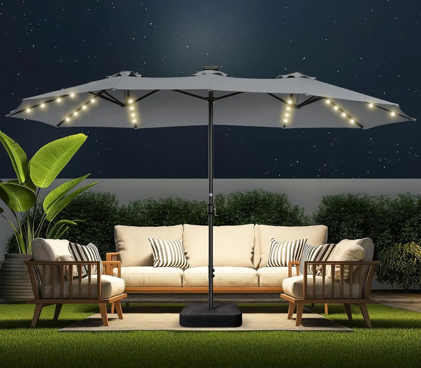 Double Sided Patio Umbrellas With LED Solar Lights And Base