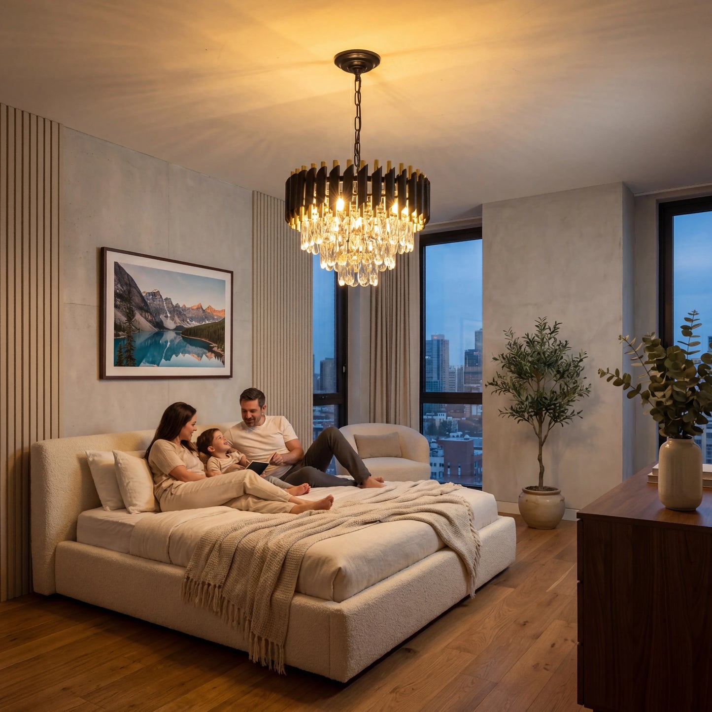 Polished Iron Crystal Chandelier With Adjustable Chain Ceiling Light