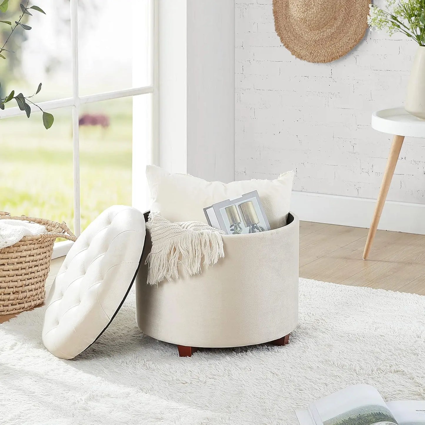 Round Velvet Tufted Storage Ottoman With Lift Off Lid