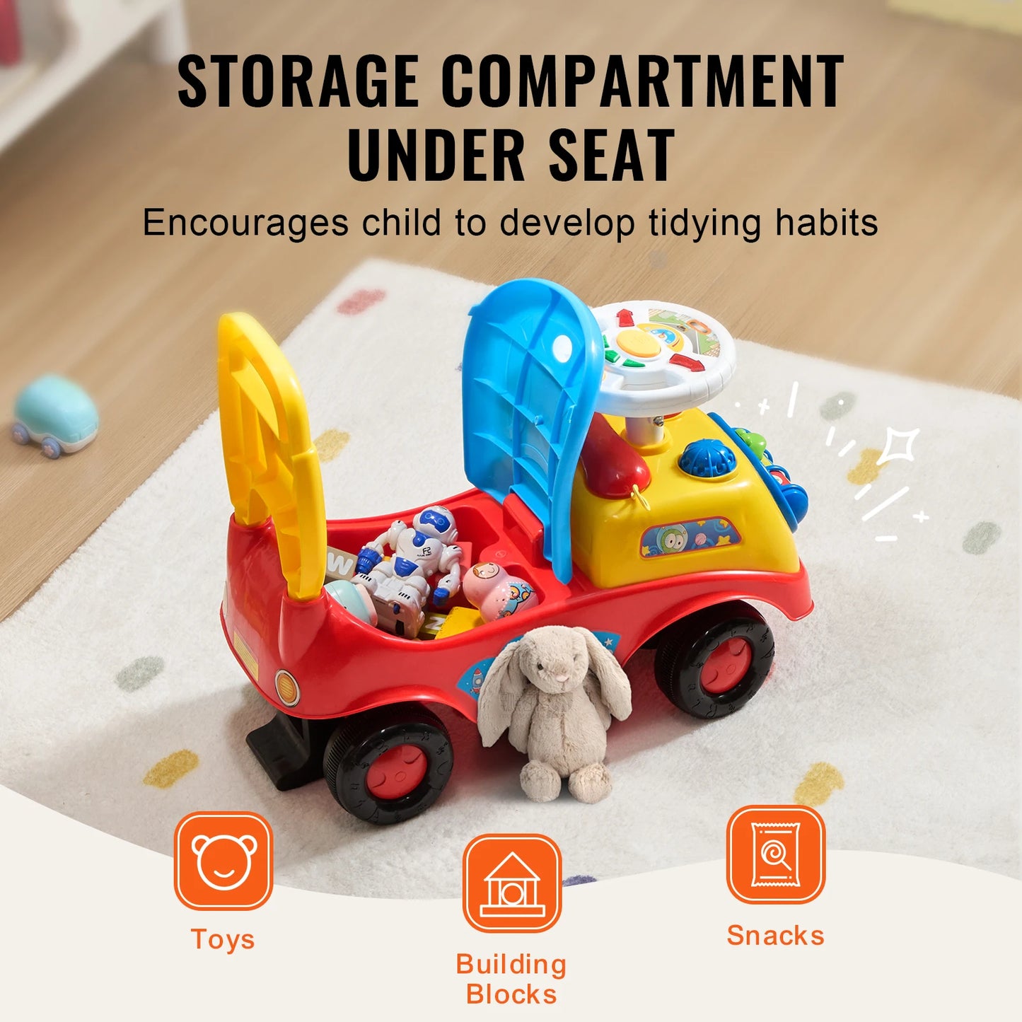 SucceBuy Toddler Ride On Push Car With Music Steering Wheel Seat Storage