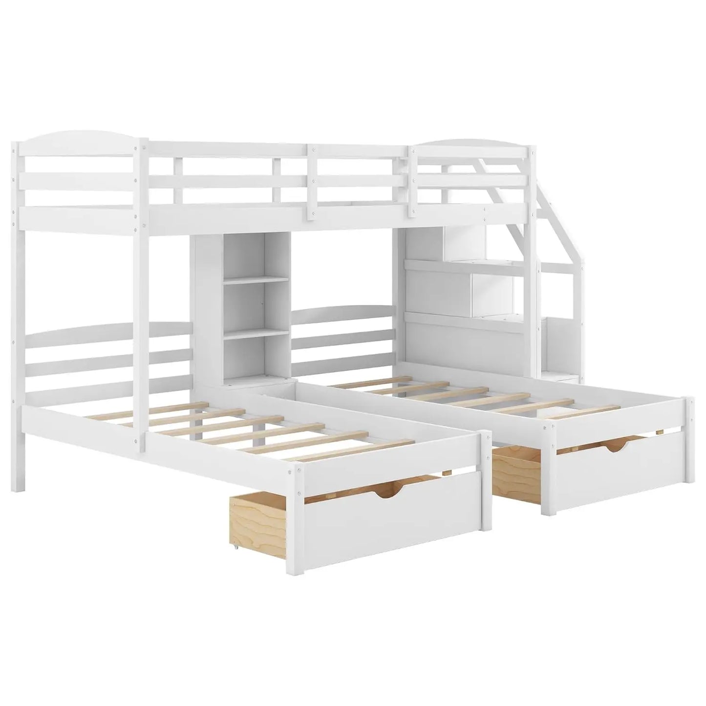 Triple Bunk Bed With Wood Frame And Storage Stairs Drawers