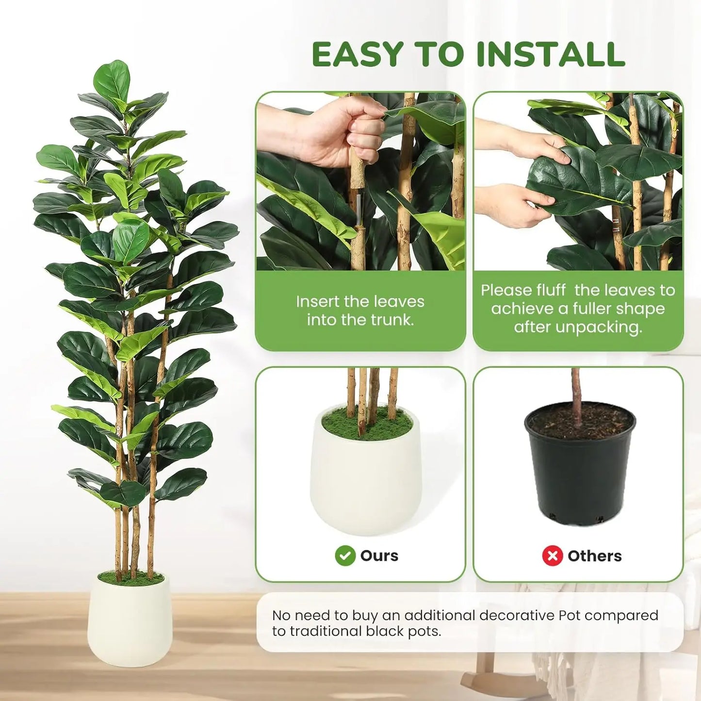 HiMISS Fiddle Leaf Fig Tree With Pot Faux Plant For Home Decor