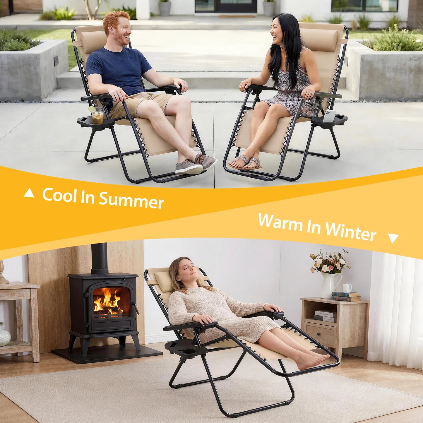 JHK Portable Zero Gravity Folding Recliner Chairs Cup Holders 2