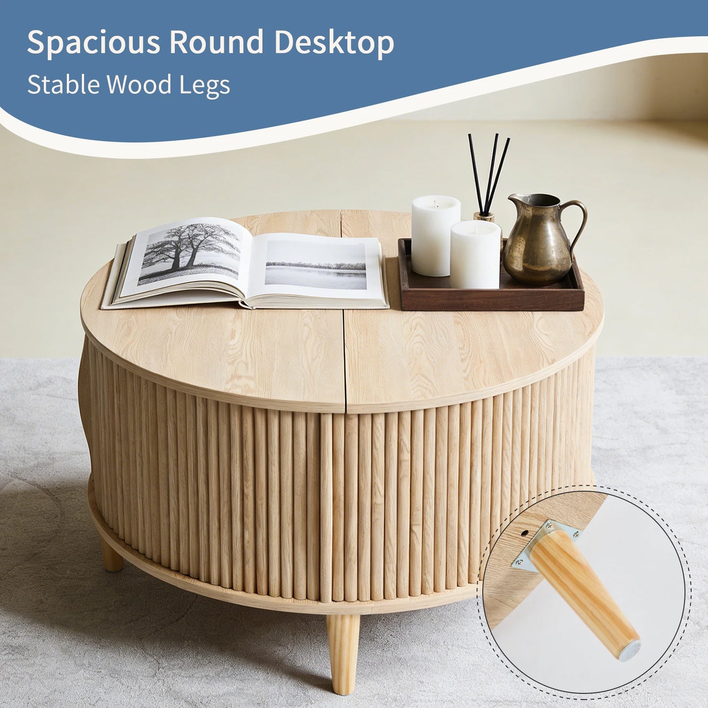 JHK Round Coffee Table With Flip Top Storage Wood Shelves