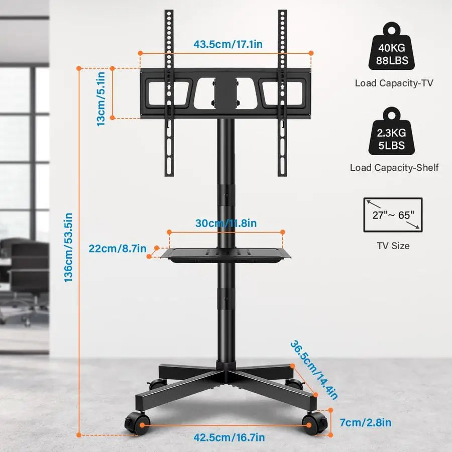 Mobile TV Cart For Flat Screen TVs With Height Adjustable Shelf