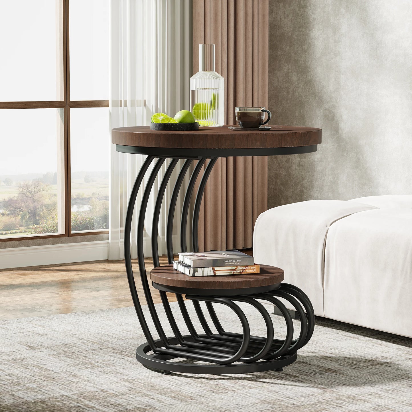 Tribesigns Round End Table With Faux Marble Two Tiers Storage