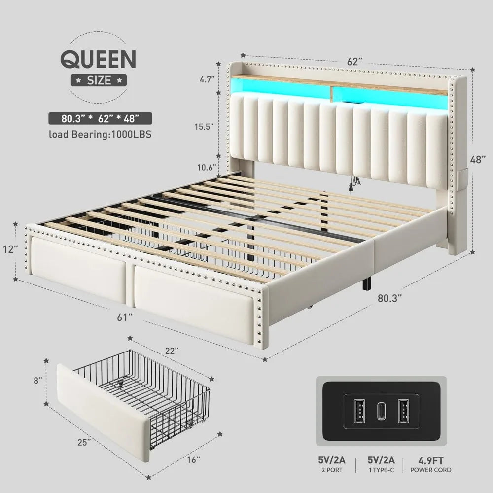 Upholstered Platform Bed With Storage Drawers LED Lights Charging Station