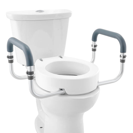 SucceBuy Raised Toilet Seat With Aluminum Handrail, 300 Lb Capacity