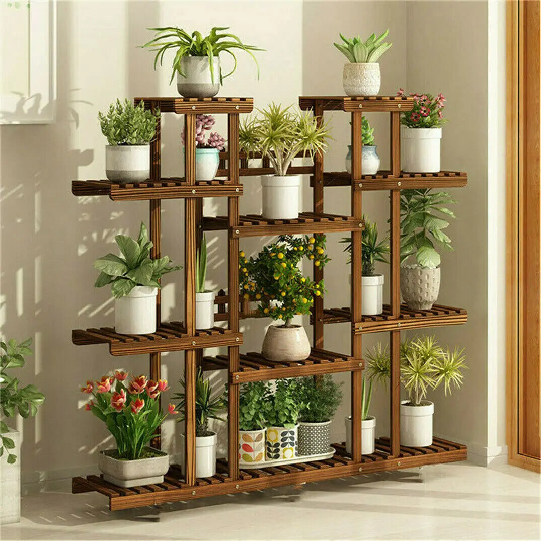 11 Tier Carbonized Wood Plant Stand For Indoor Outdoor Display