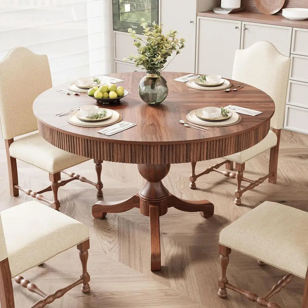 Walnut Round Dining Table With Pedestal Base And Storage Drawers