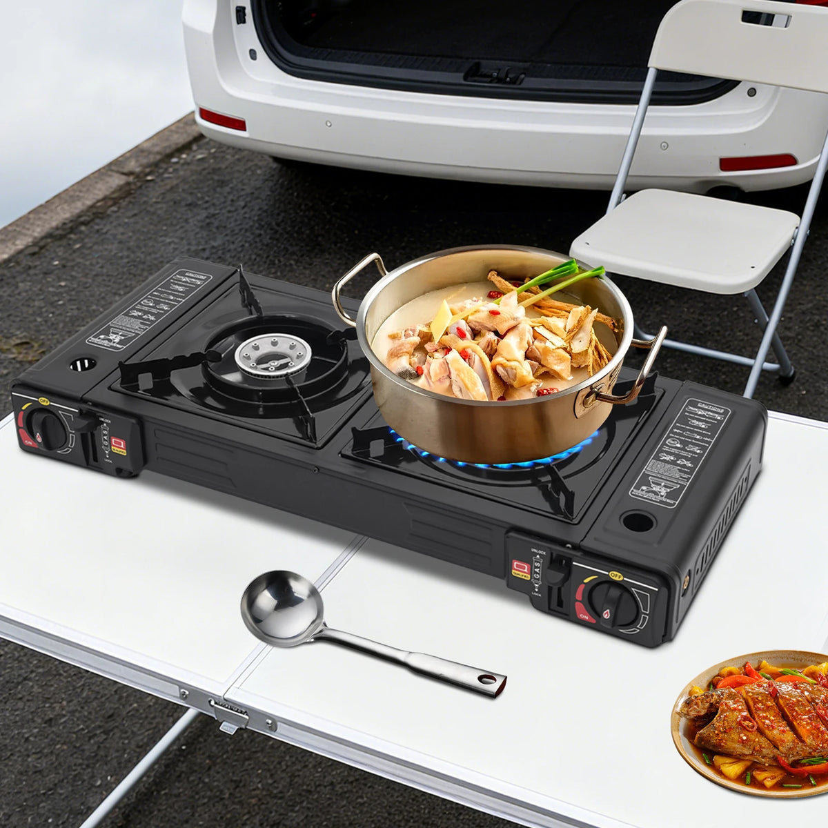Dual Burner Portable Camping Stove With Auto Ignition Travel Case