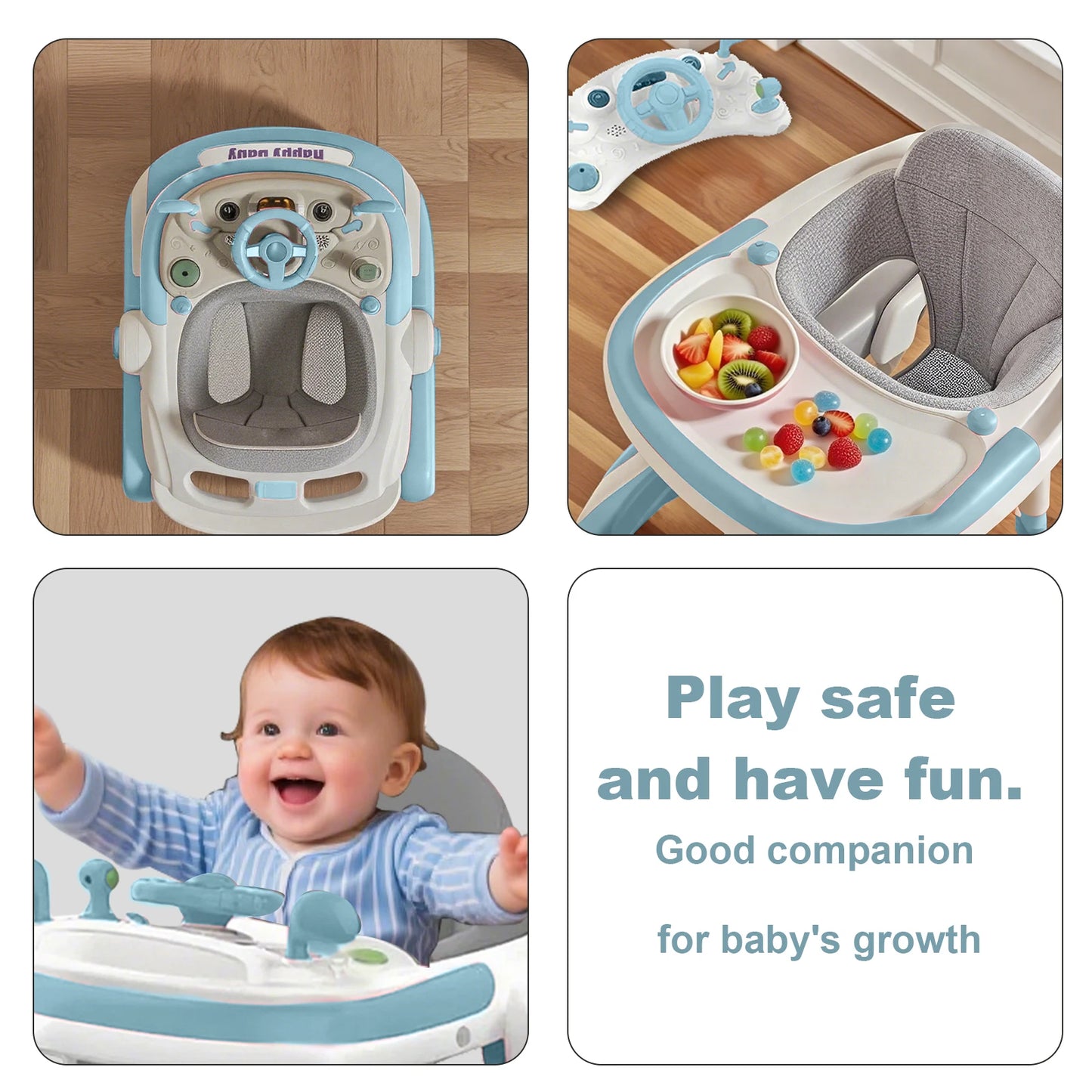 4 In 1 Baby Walker With Sunshade Removable Tray And Music Tray Foldable