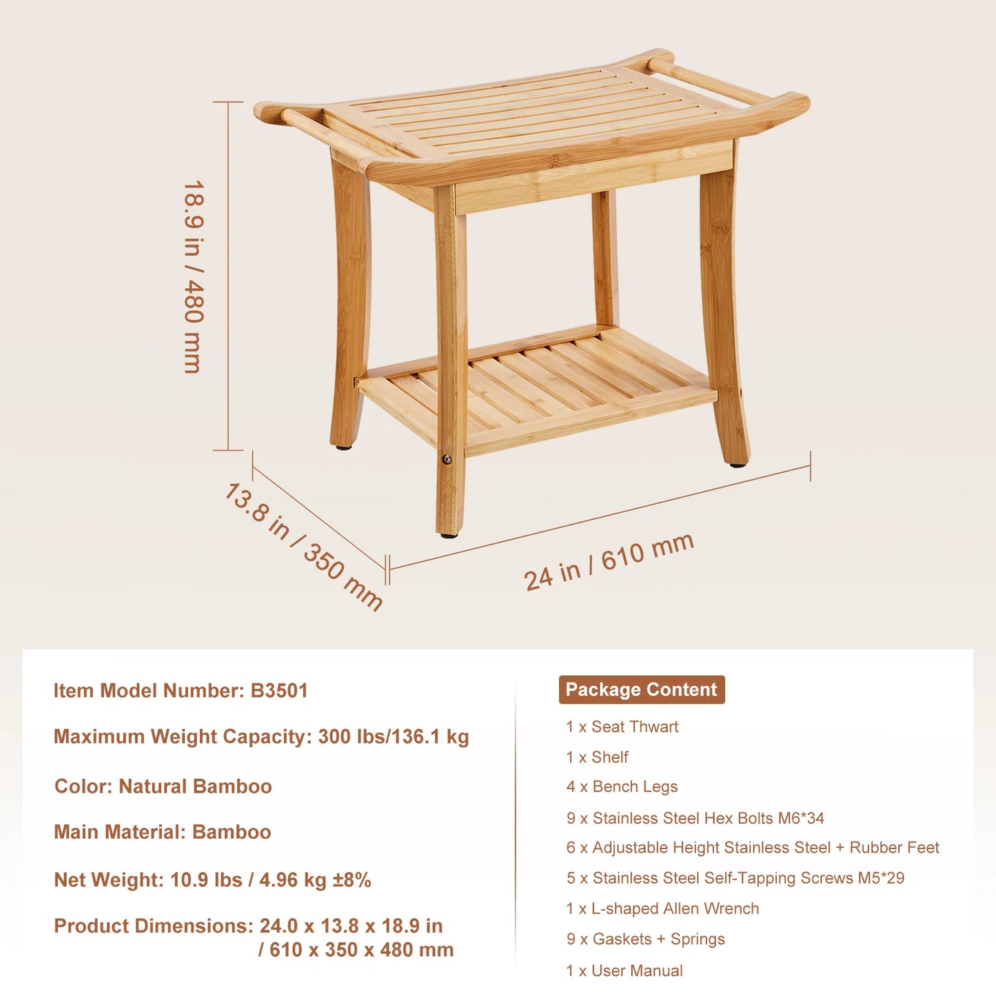 SucceBuy Bamboo Shower Bench With Storage Shelf Waterproof