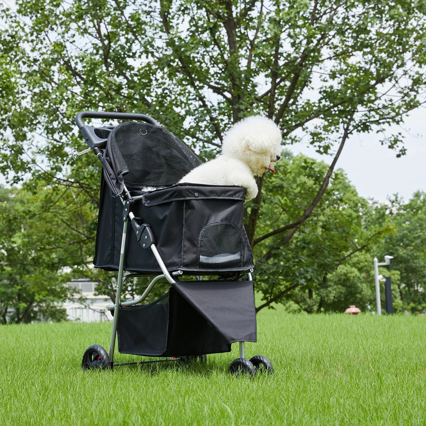3 Wheel Foldable Pet Stroller With Mesh Windows And Cup Holder
