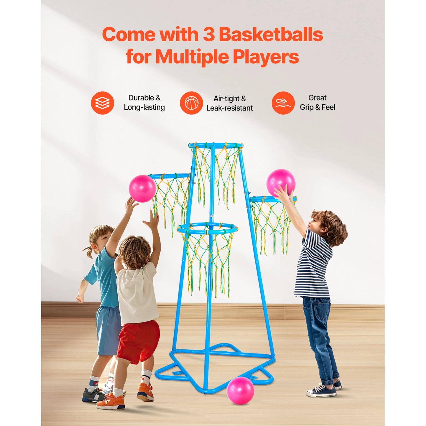 SucceBuy 4-Hoop Kids Basketball Hoop Stand With Adjustable Heights 3-Balls