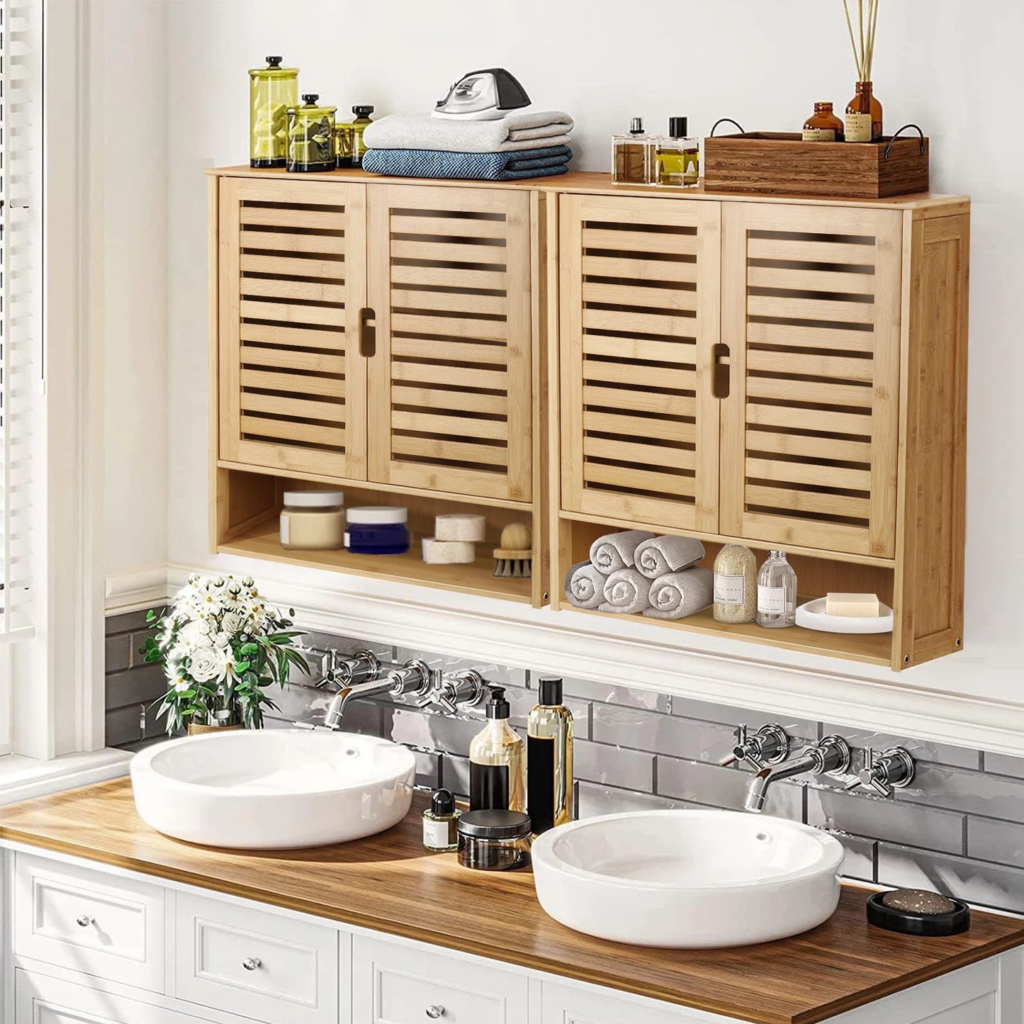 Wisfor Wall Mounted Bamboo Bathroom Cabinet Organizer