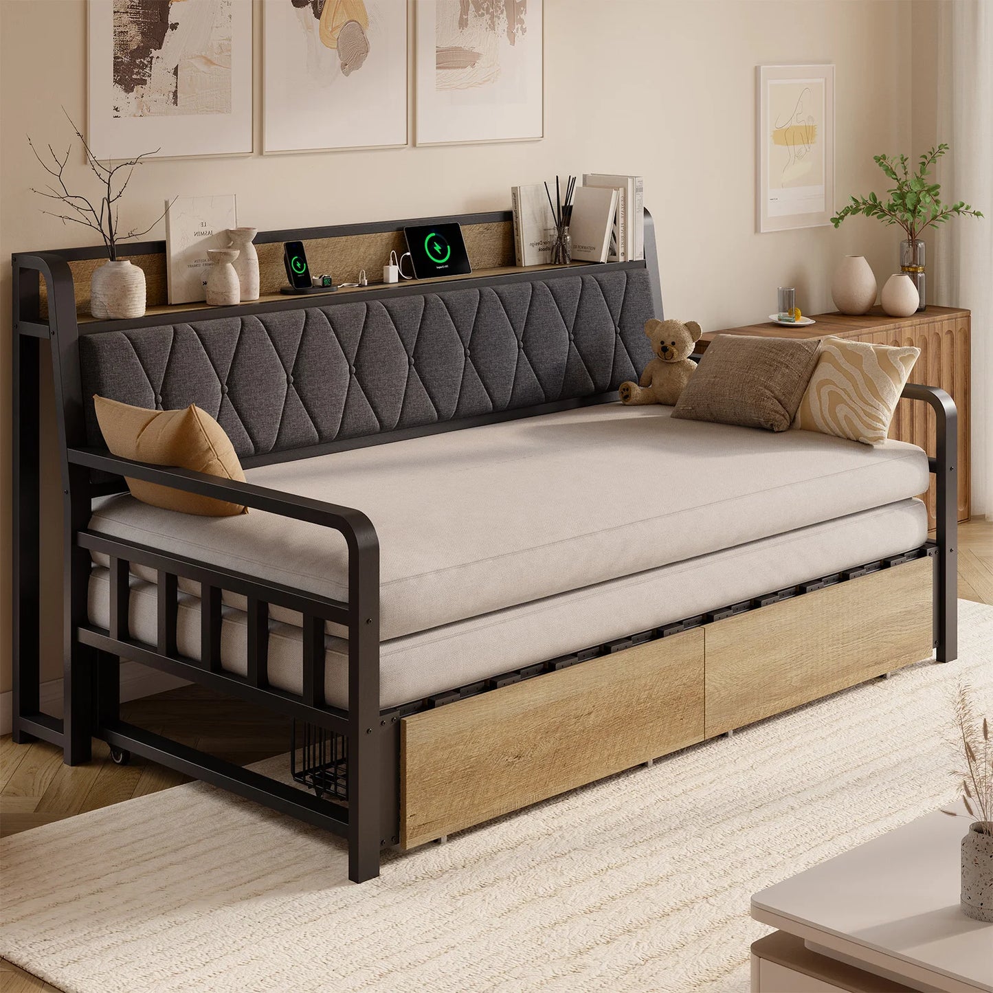 ONBRILL Daybed With Trundle Storage Drawers Upholstered Headboard