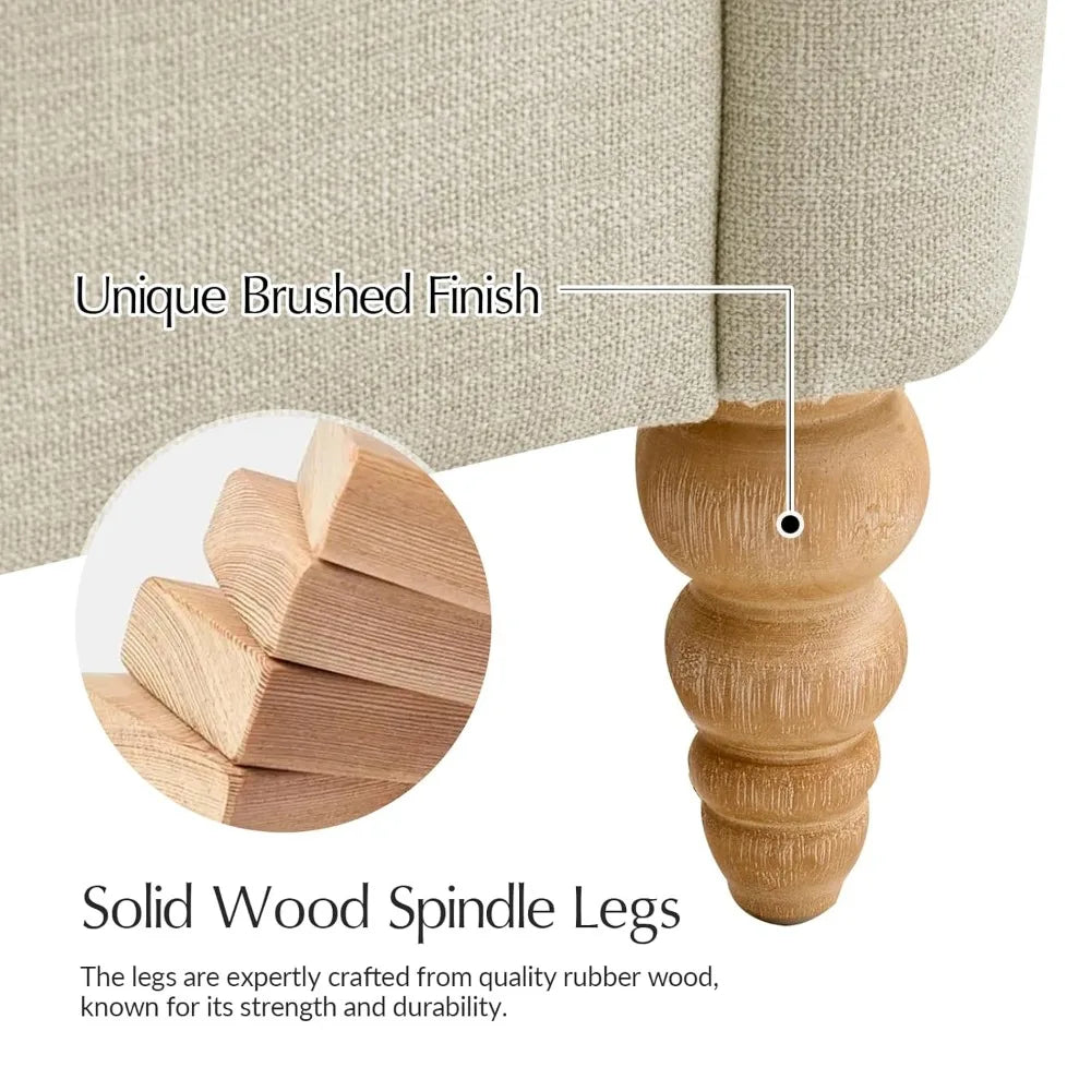 Curved Farmhouse Sofa With Solid Wood Spindle Legs Upholstered Linen
