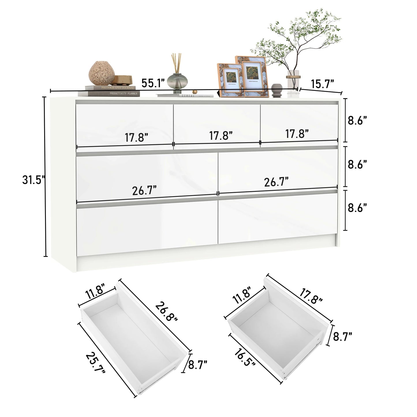 QiaoShiRen 7-Drawer Dresser, Modern High Gloss Wood Chest