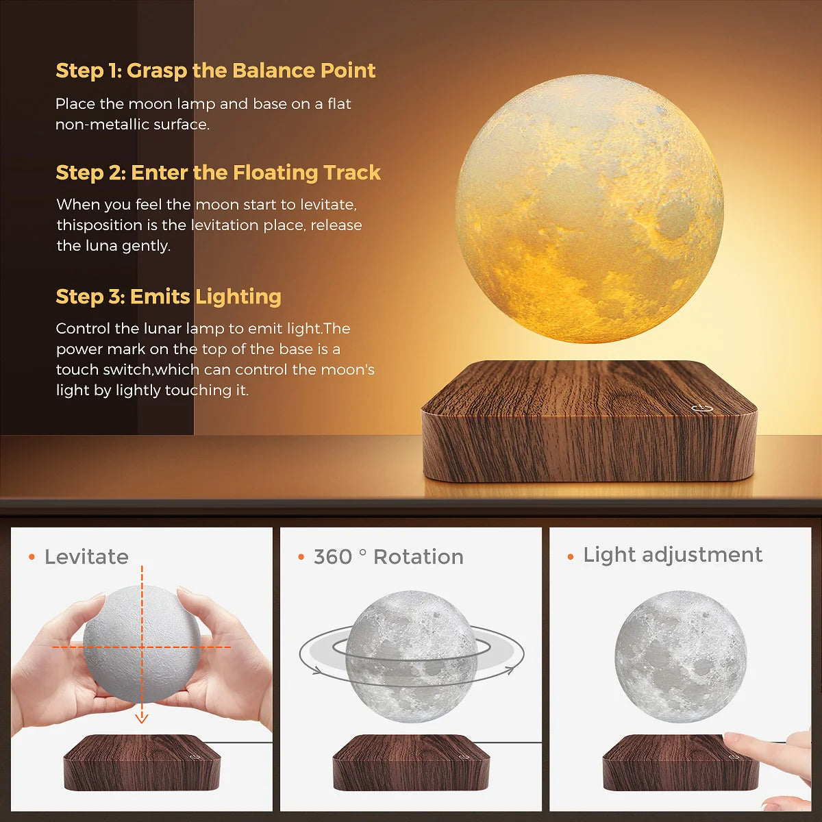 Mexllex Magnetic Floating Moon Lamp With Wooden Base, 3 Color Temperature LEDs