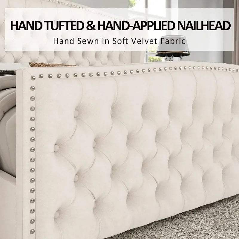 Velvet Upholstered Platform Bed Frame With Wingback Headboard