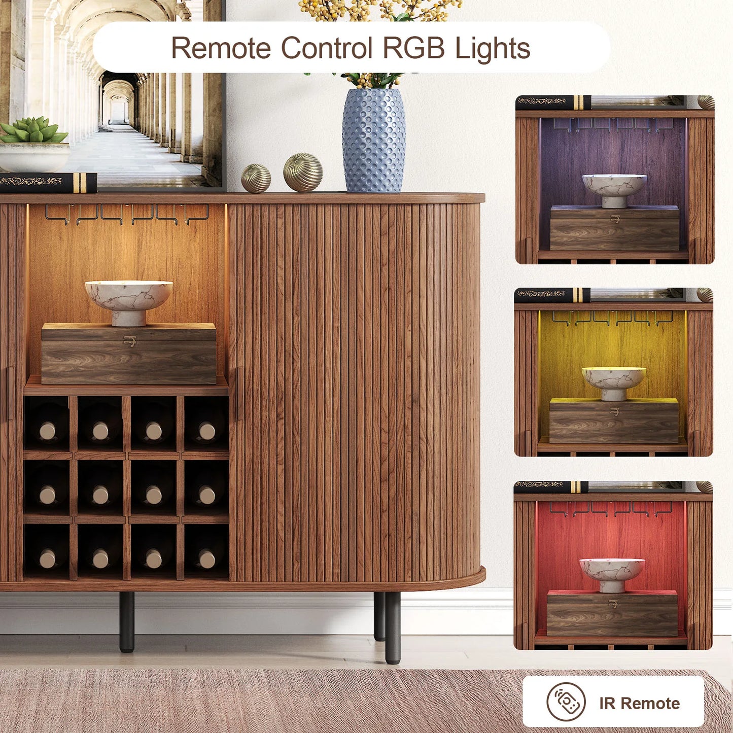 Wine Bar Cabinet With LED Lighting And Glass Holder