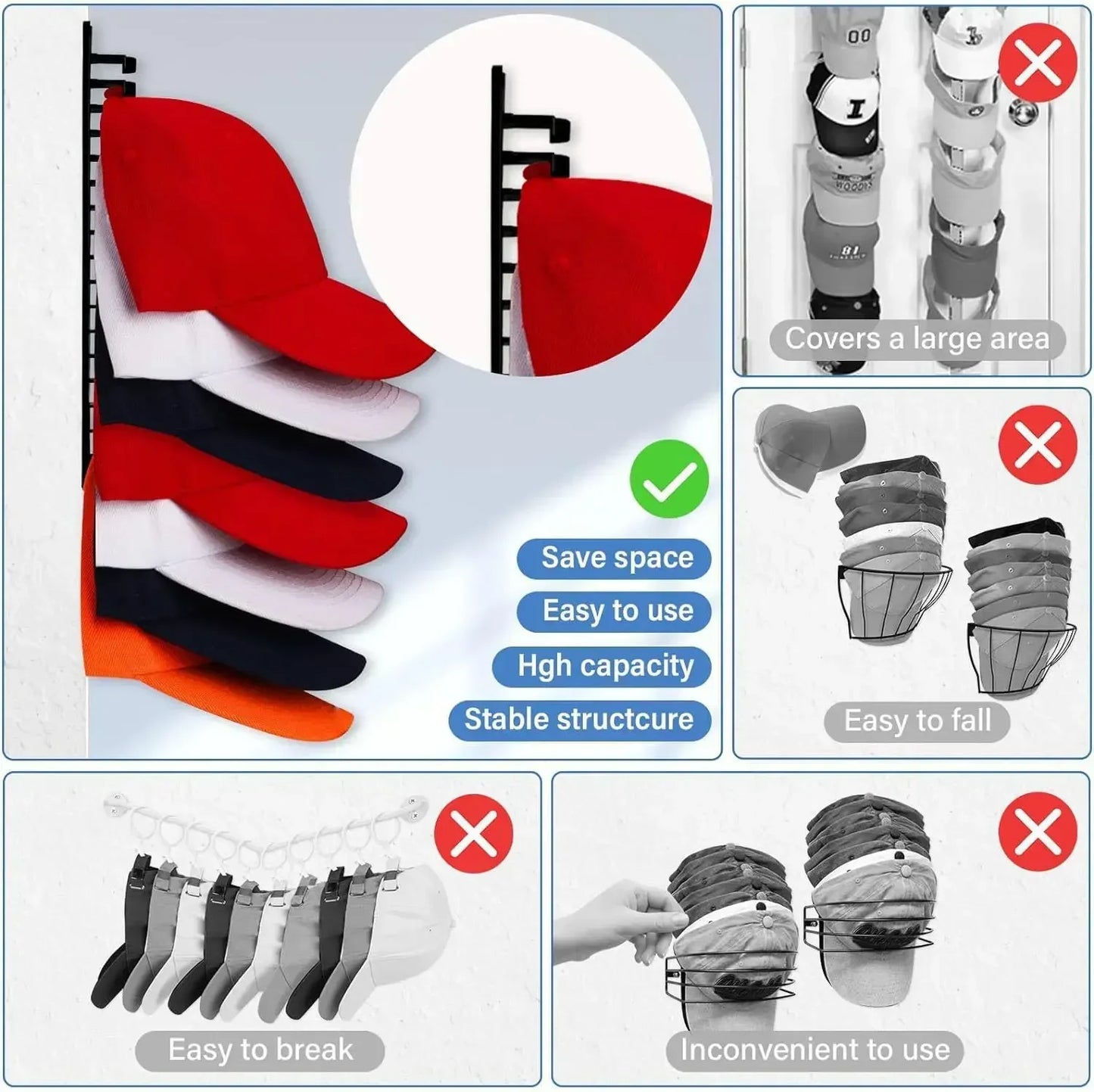 Wall Mount Hat Rack Organizer Holds 16 Baseball Caps