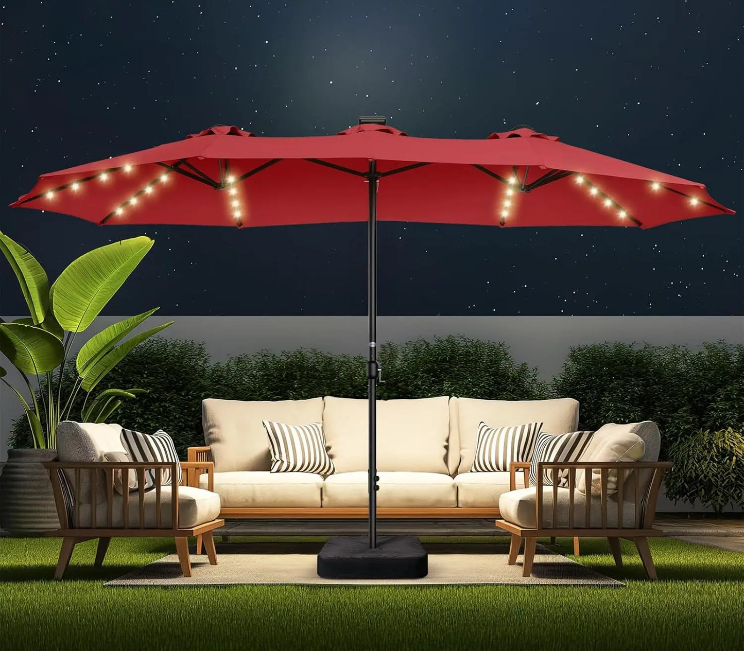 Double Sided Patio Umbrellas With LED Solar Lights And Base