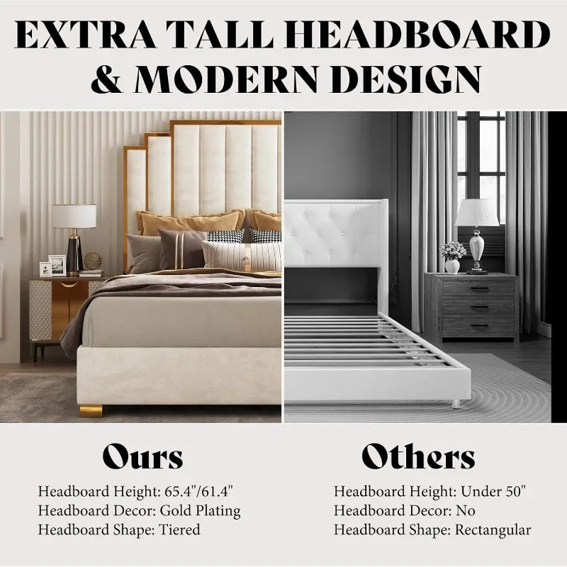 Amerlife Upholstered Bed With Gold Trim Headboard No Box Spring