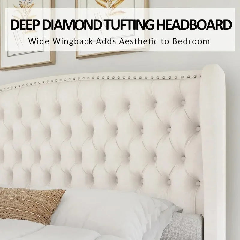 Velvet Upholstered Platform Bed Frame With Wingback Headboard