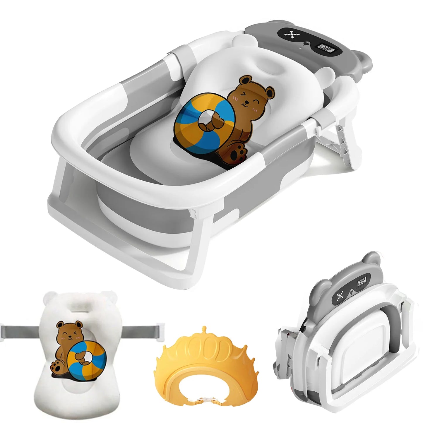 Baby Foldable Bath Tub With Thermometer Cushion Cap Brush