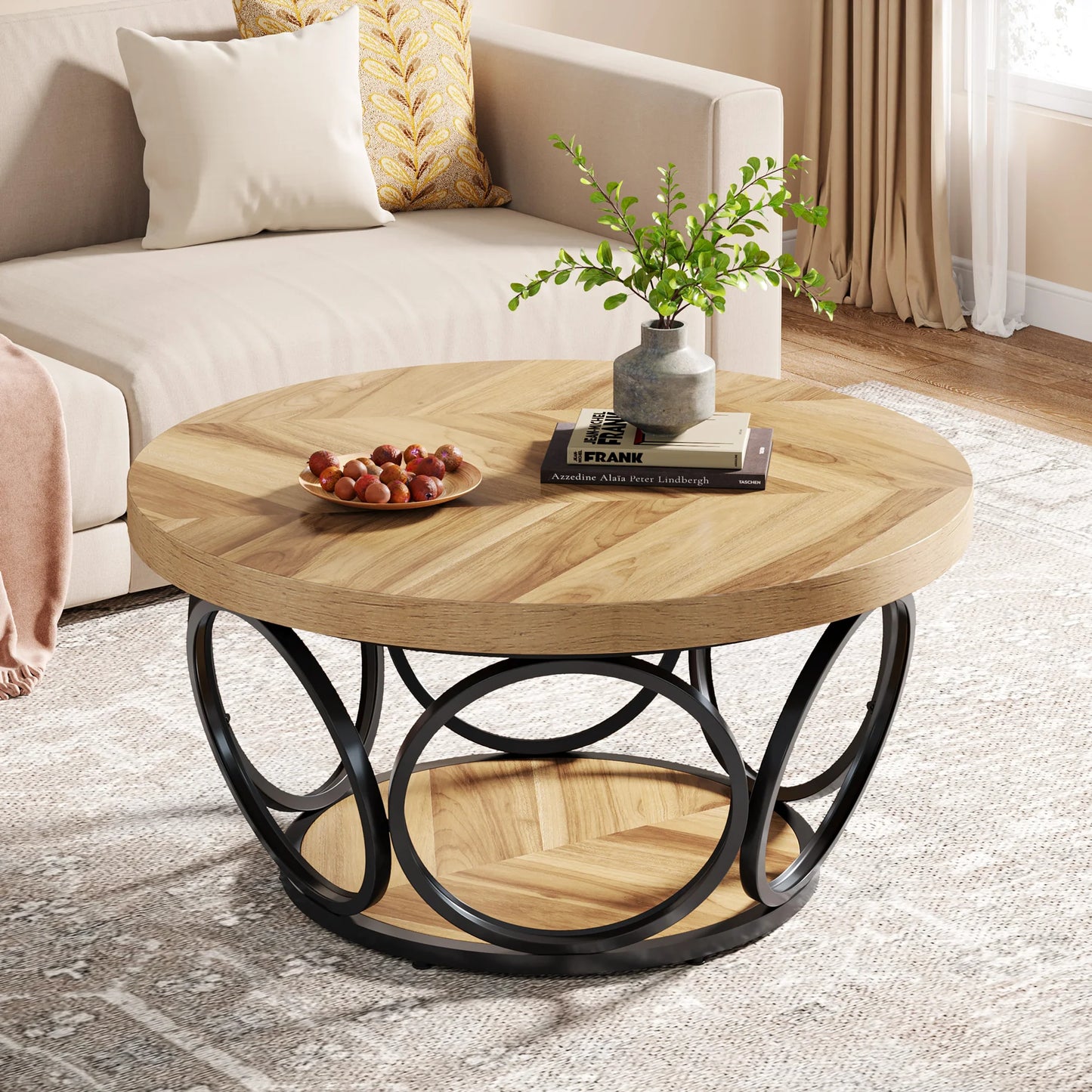 Tribesigns Round Coffee Table With Two Tier Storage Shelves
