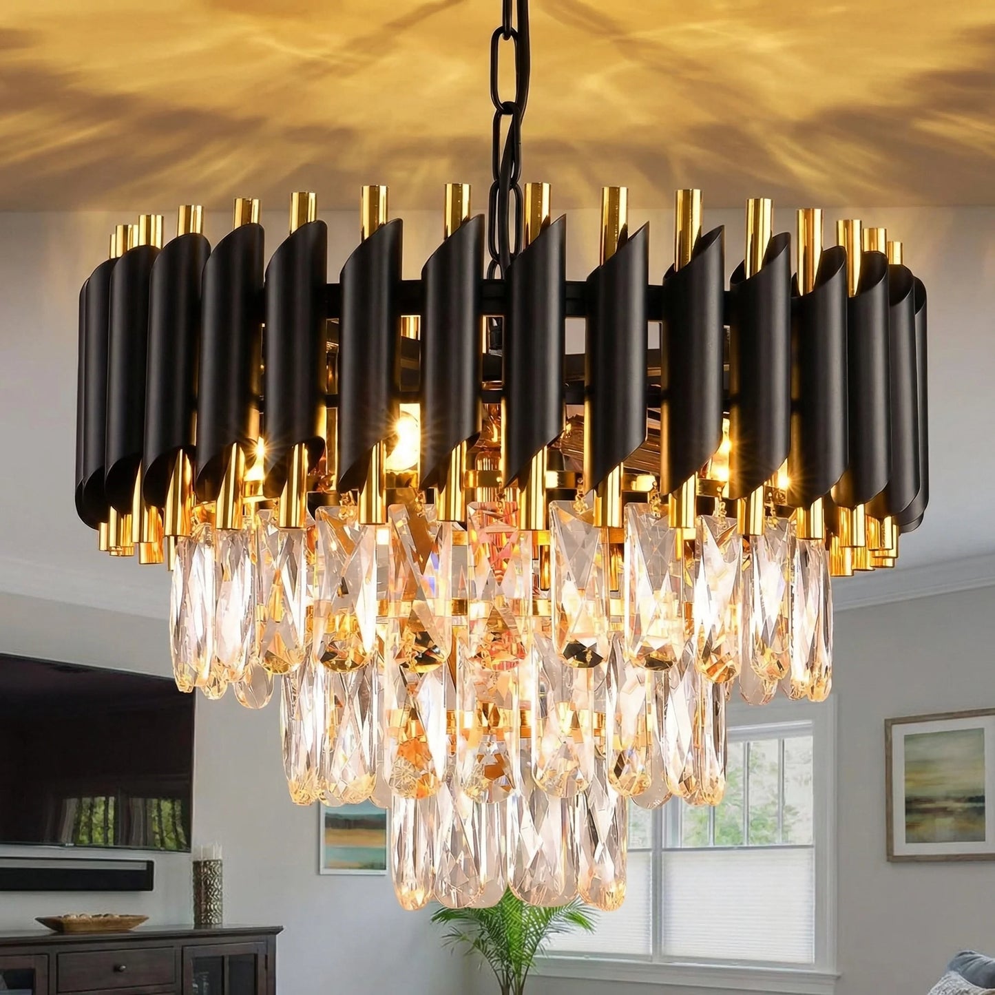 Polished Iron Crystal Chandelier With Adjustable Chain Ceiling Light