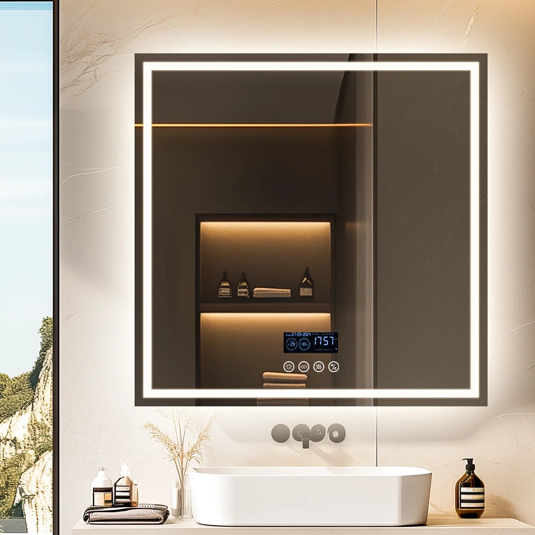 BORWART LED Bathroom Mirror With Bluetooth Clock Anti Fog Backlit Lights